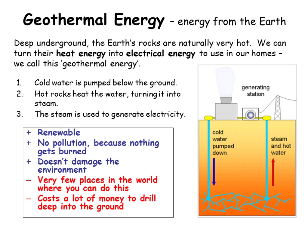 Geothermal Energy – energy from the Earth Cold water is pumped below the ground.